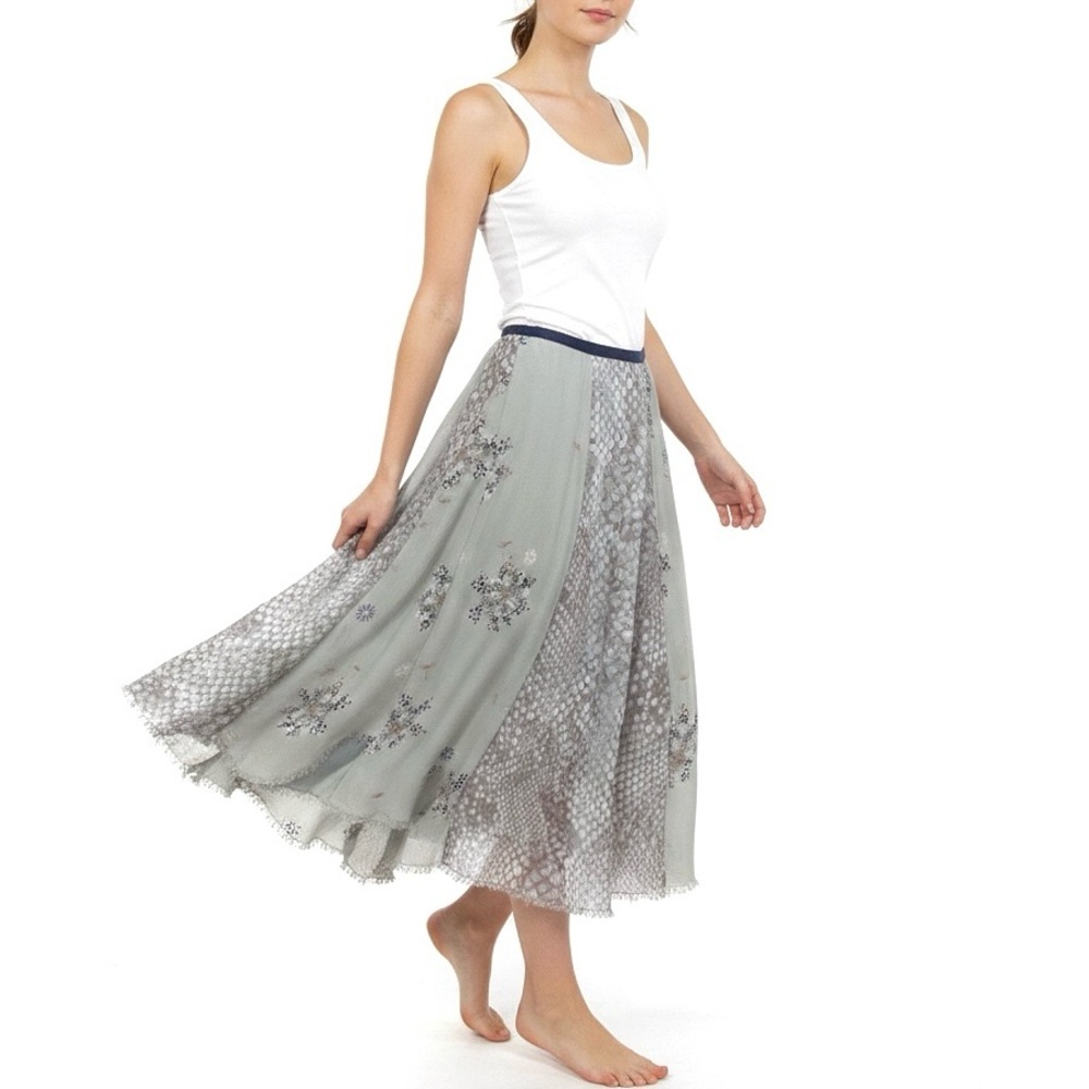 FREE PEOPLE Rock On Snake Floral Print Mixed Media Handkerchief Hem Maxi Skirt 4